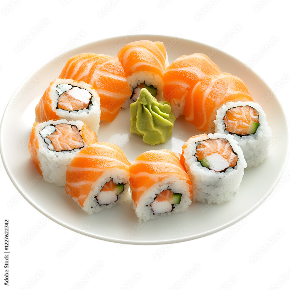 A plate of sushi rolls with fresh salmon on white background A plate of sushi rolls with fresh salmon on white background