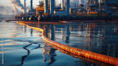 Wallpaper Mural Industrial oil spill management with containment booms and ropes on water surface near coast and industrial structures in background Torontodigital.ca