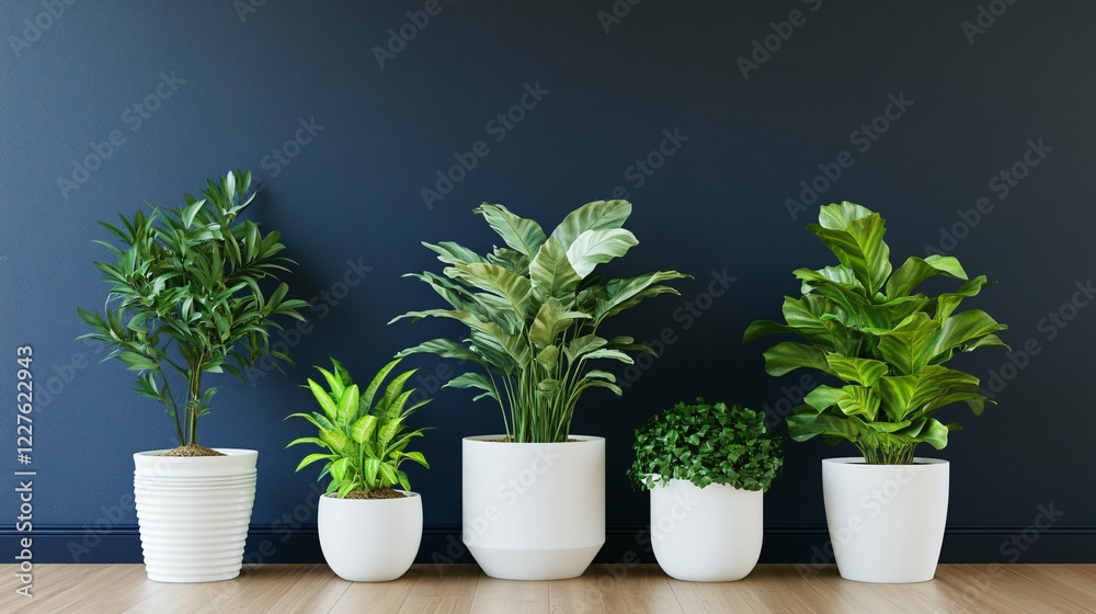 Fototapeta premium Four Green Plants in White Pots Against a Dark Blue Wall