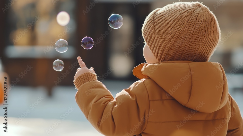 Bundled toddler reaching toward sparkling soap bubbles during sunny winter moment, experiencing playful outdoor wonder