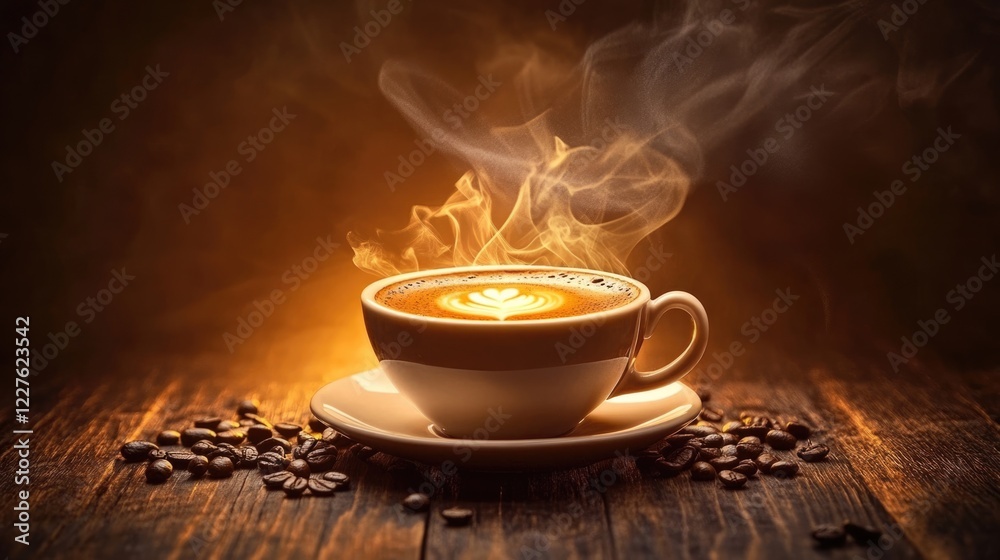 Fototapeta premium Steaming coffee cup on textured wooden surface surrounded by coffee beans capturing a warm and inviting atmosphere