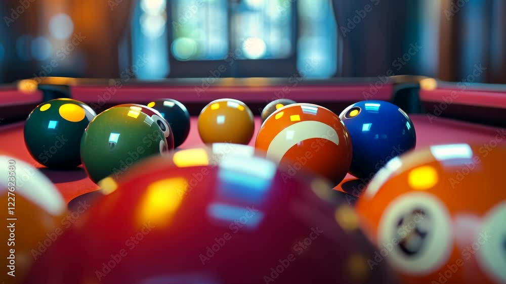 Colorful billiard balls clustered on a pool table in a cozy room