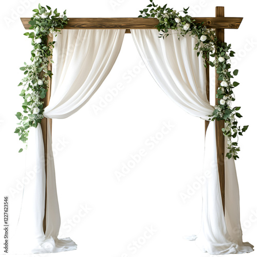 A rustic wooden wedding arch adorned with white drapes and greenery on white background