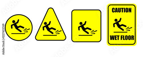 Set of vector illustrations in different form. Caution symbol warns of possible injury due to a fall on slippery floor. Used during wet cleaning.