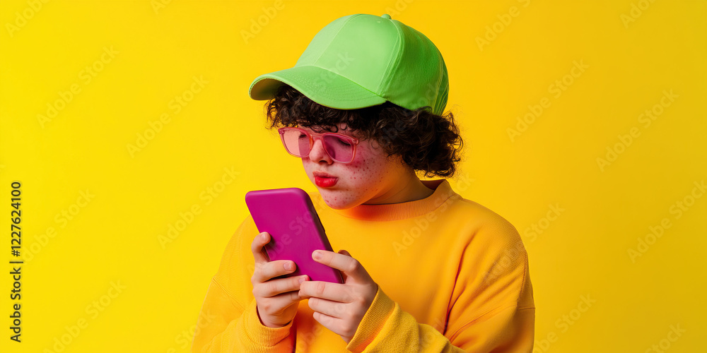 Portrait of Person with Smartphone, Yellow Background Portrait of Person with Smartphone, Yellow Background