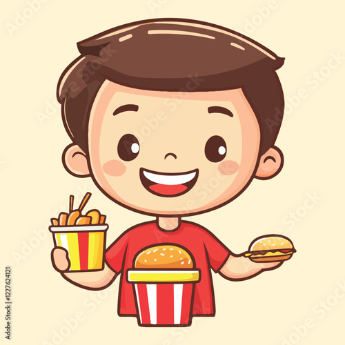 A little boy eating junk food Cartoon Vector Illustration