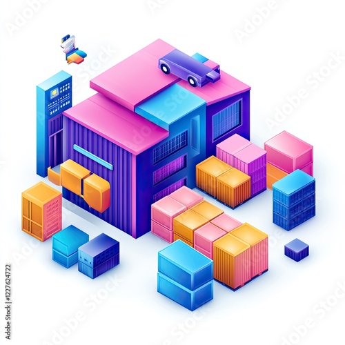 Colorful 3D Illustrations of Warehouse with Delivery Services and Logistics Management Concept