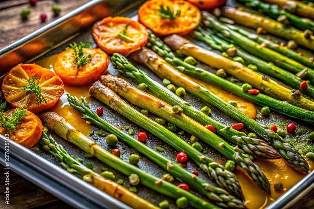 Aerial View: Warm Oven Glow on Crisp Asparagus Roasted on Silver Baking Sheet Aerial View: Warm Oven Glow on Crisp Asparagus Roasted on Silver Baking Sheet