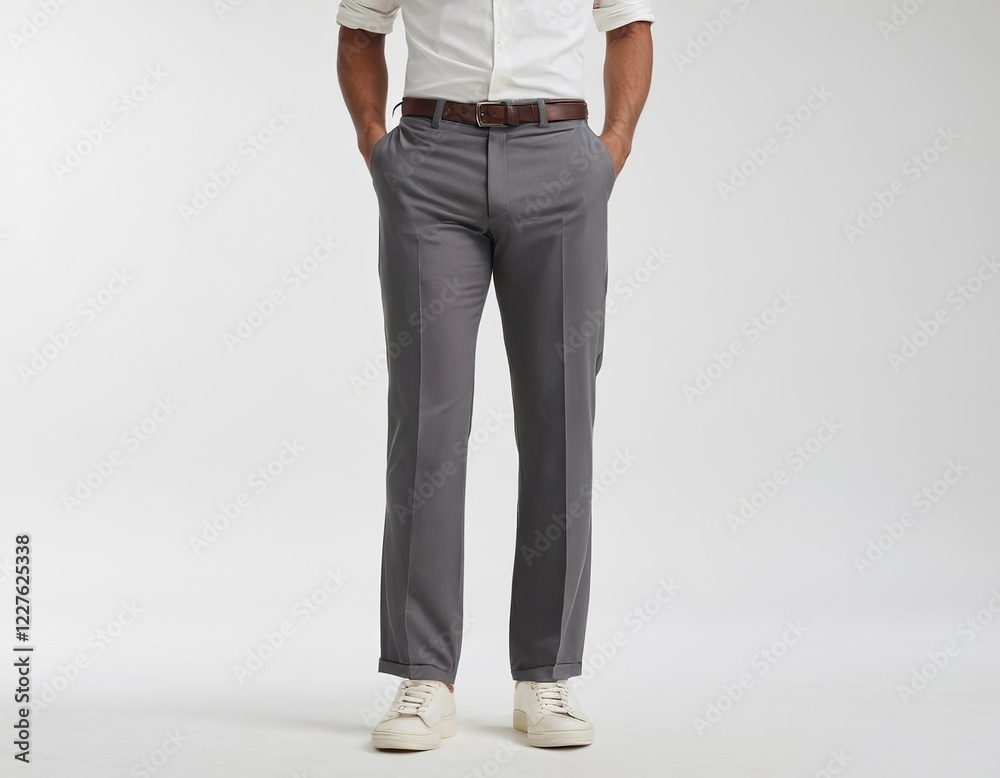 Smart casual look featuring a male model in gray trousers and white sneakers. Smart casual look featuring a male model in gray trousers and white sneakers.