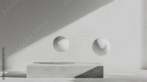 Abstract Art: Two spheres suspended in mid-air above a rectangular base. photo