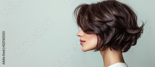Stylish asymmetrical bob shag haircut on medium hair side profile with neutral background for text placement