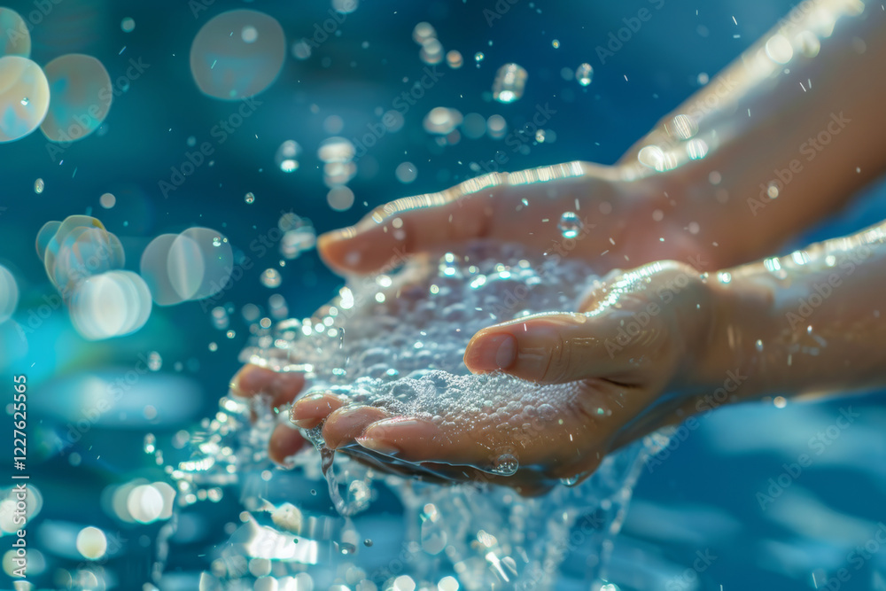 Hands washing under water with soap, visualized viruses floating around, emphasizing hygiene. Hands washing under water with soap, visualized viruses floating around, emphasizing hygiene.