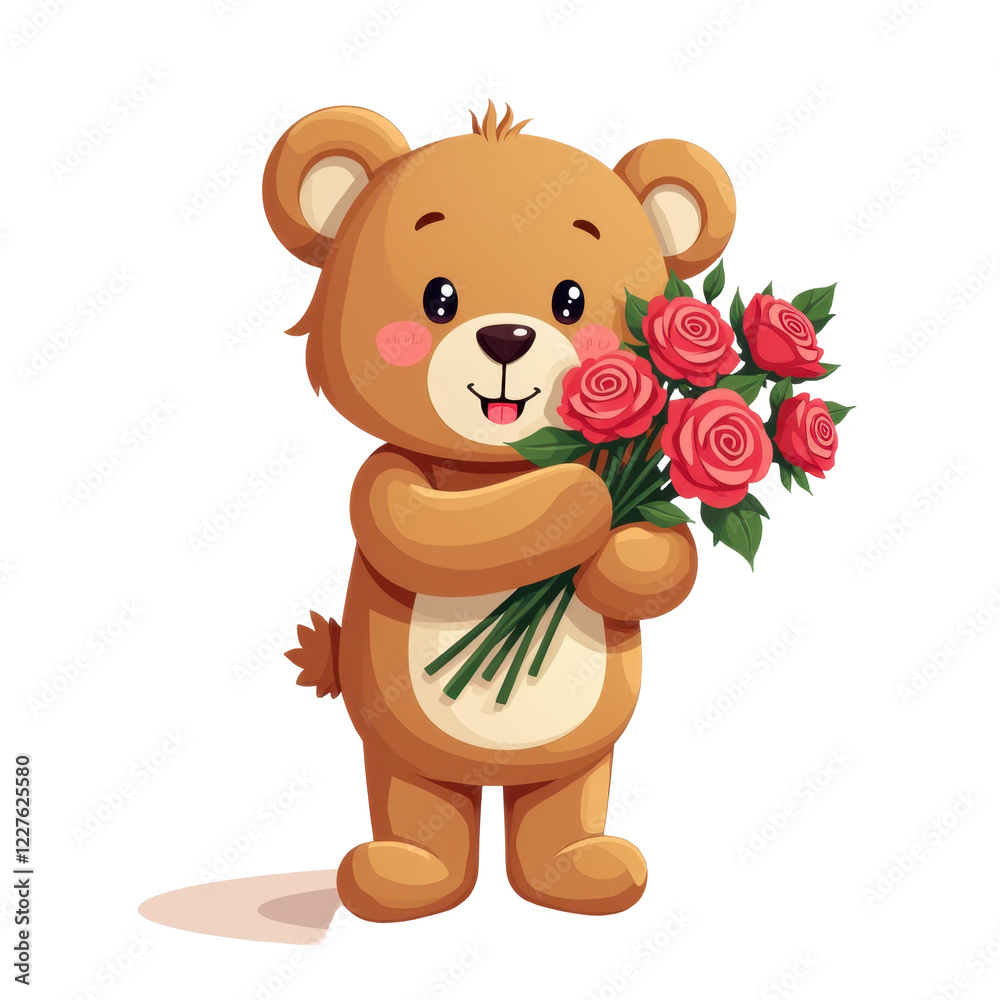 Fototapeta premium Cute Teddy Bear with Roses Valentine's Day - Valentine's Day