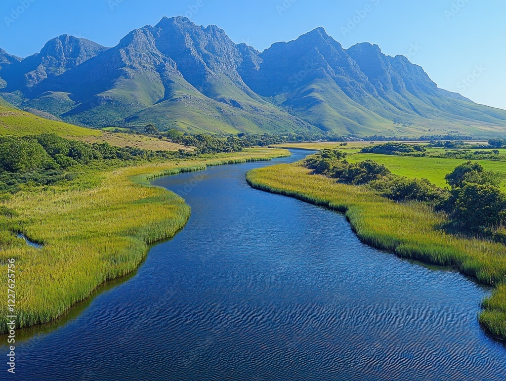Fototapeta premium Majestic Mountain River Landscape with Lush Green Meadows and Blue Water