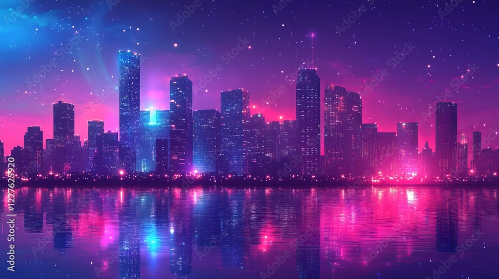 Breathtaking Cityscape at Dusk with Illuminated Skyscrapers and a Vibrant Skyline Reflecting on the Calm Water Creating a Dynamic Urban Atmosphere and Captivating Nighttime View Breathtaking Cityscape at Dusk with Illuminated Skyscrapers and a Vibrant Skyline Reflecting on the Calm Water Creating a Dynamic Urban Atmosphere and Captivating Nighttime View