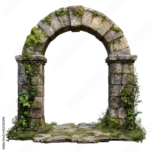 Ancient stone archway with moss and lichen growth on transparent background