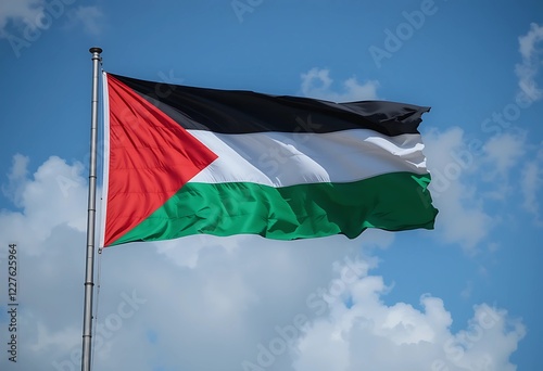 Peaceful scene of the Palestine flag waving in the wind, highlighting pride and heritage.
