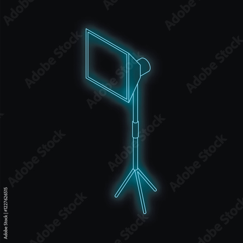 Professional softbox lighting equipment with tripod illuminating dark studio setting, creating perfect ambiance for photography or videography