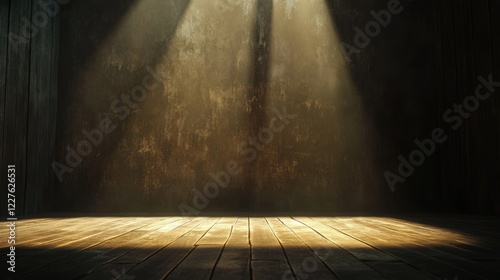 Theater stage illuminated by soft golden spotlight on dark backdrop creating gentle shadows and an inviting atmosphere for performances photo