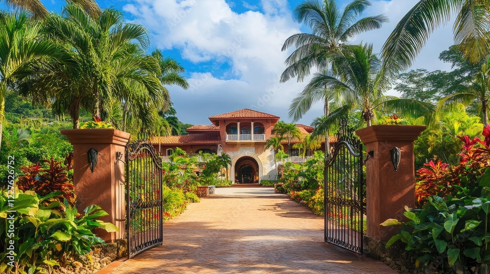 Fototapeta premium Tropical Luxury Villa Entrance with Palm Trees Lush Garden Resort Style Architecture and Elegant Gates