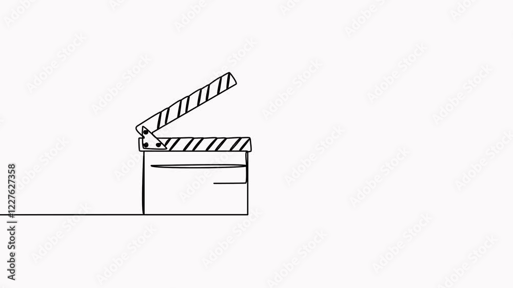 Animated clapper board and film reel continuous one line drawing. Filmstrip linear element video. Movie scene episode production concept animation.