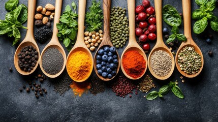 Papier peint photo Cuisine Top view of a variety of healthy foods and spices in wooden spoons arranged on a dark surface for a nutrient-rich culinary concept  © Cyber Shutter