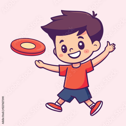 A cute boy playing frisbee game Cartoon Vector Illustration