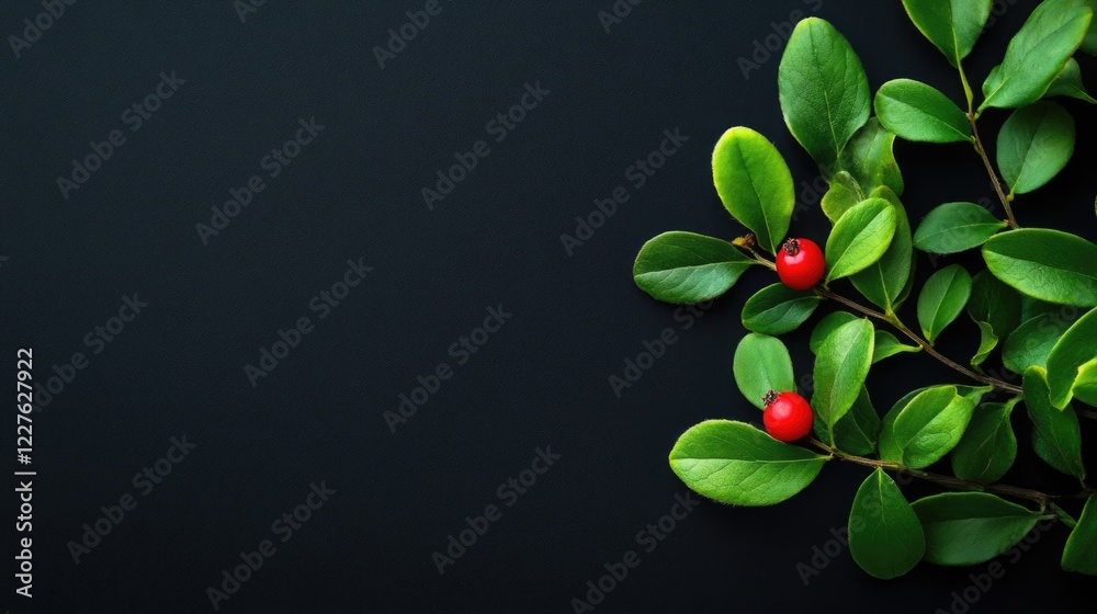 Lingonberry leaves with red berries on dark background showcasing natural beauty and providing space for text or design elements Lingonberry leaves with red berries on dark background showcasing natural beauty and providing space for text or design elements