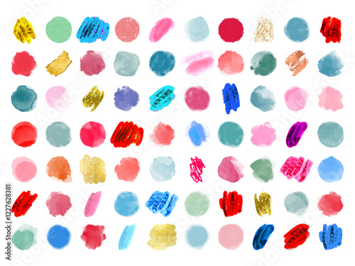 Set of pink, blue, green, red, gold watercolor and ink hand painted different shapes, stains, circles, blobs isolated on white background. Vector elements for design