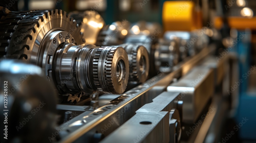 Naklejka premium Industrial gears and components in an automotive manufacturing facility showcasing precision engineering and advanced machinery technology