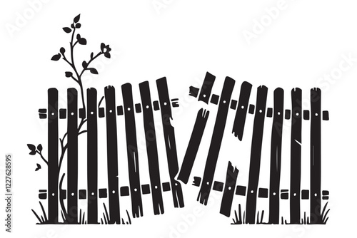 Broken Wooden Fence Silhouette Illustration with Plant