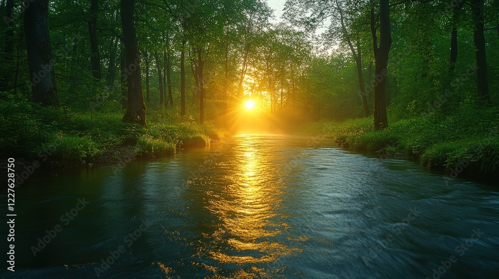 Obraz premium Golden Sunset Over Tranquil Stream Flowing Through Lush Green Forest Landscape