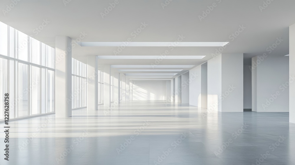Fototapeta premium Modern minimalist open office interior showcasing expansive light-filled space with large windows and neutral color palette.