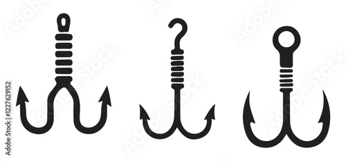 Set of Three Different Fishing Hooks Vector Icons