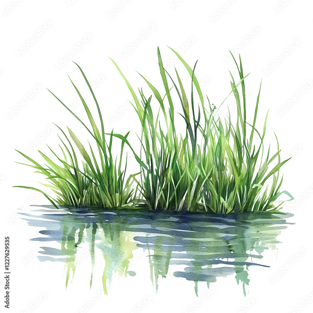 Obraz premium Lush Green Grass Growing Along a Tranquil Water's Edge in a Serene Natural Setting