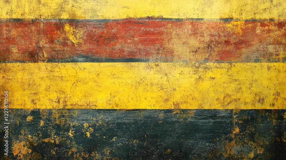 Decorative horizontal grunge stripes in yellow and red on a distressed wall surface for artistic backgrounds and design elements Decorative horizontal grunge stripes in yellow and red on a distressed wall surface for artistic backgrounds and design elements