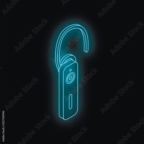 Neon blue glowing bluetooth headset on black background representing modern wireless communication technology