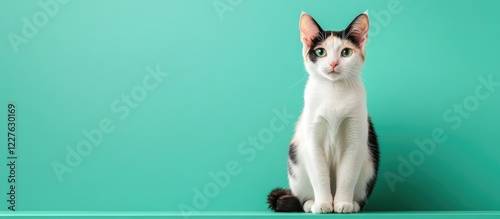 Japanese Bobtail Cat in a Relaxed Pose Against a Bright Green Background with Ample Copy Space for Text and Branding photo