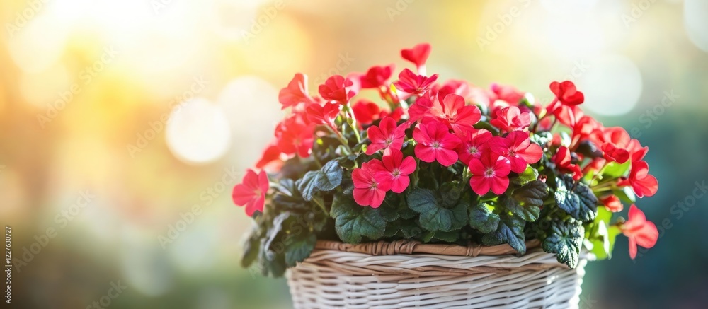 Vibrant red flowers in a basket on a sunny background ideal for decorative home plants with empty space for text and design elements. Vibrant red flowers in a basket on a sunny background ideal for decorative home plants with empty space for text and design elements.