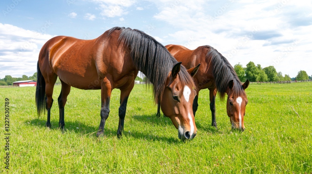 Two Brown Horses Grazing in a Lush Green Pasture Two Brown Horses Grazing in a Lush Green Pasture