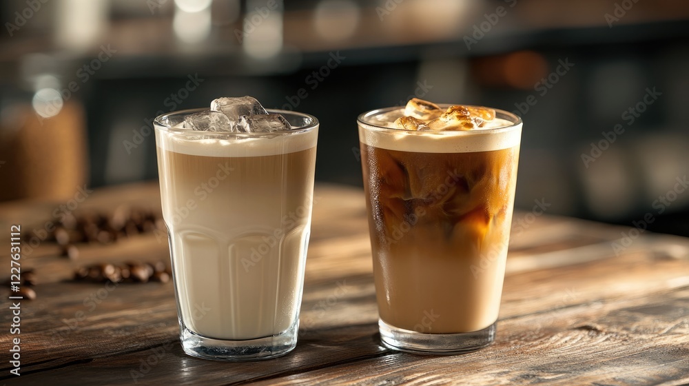 Latte and iced coffee drinks served in glass on rustic wooden table with coffee beans scattered in background Latte and iced coffee drinks served in glass on rustic wooden table with coffee beans scattered in background