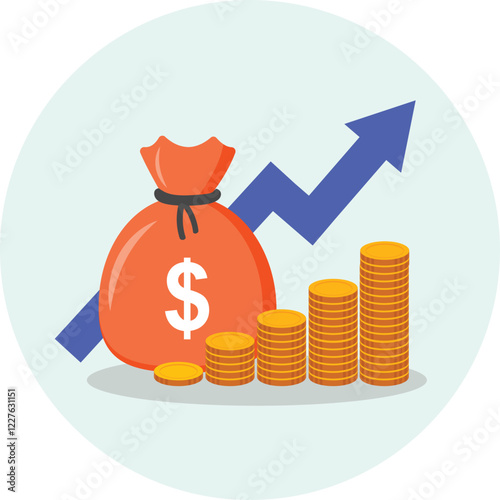 Income Growth and Investment Concept – Financial Success Flat Illustration with Money Bag, Coins, and Red Upward Arrow, Concept Of Budget Boost, Mutual Fund, Budget Profit, High Return On Investment