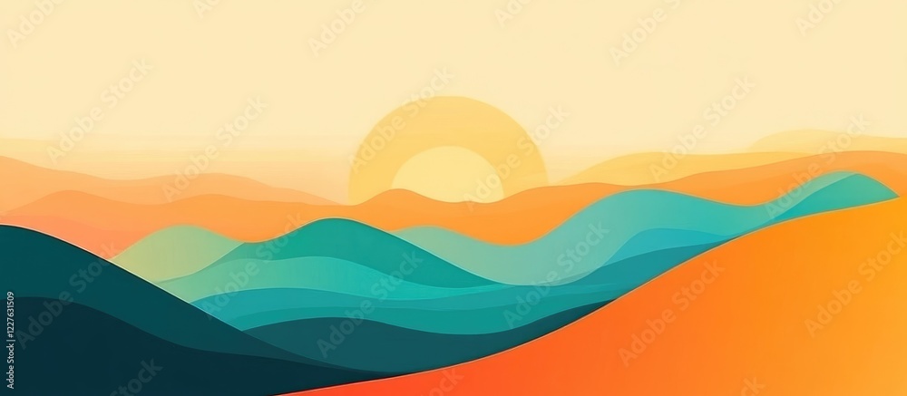 Minimalist sunrise landscape with abstract mountains in flat design and ample copy space for text and creative projects Minimalist sunrise landscape with abstract mountains in flat design and ample copy space for text and creative projects