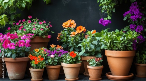 Fototapeta Naklejka Na Ścianę i Meble -  Vibrant flowers in clay pots create a stunning interior garden against a dark backdrop showcasing rich colors and lush greenery.