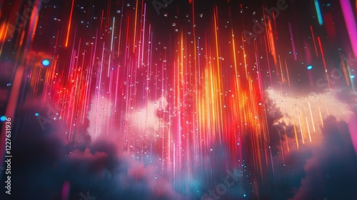 Vibrant Abstract Background with Colorful Neon Rays and Water Droplets on Glass Amidst Dark Sky Clouds