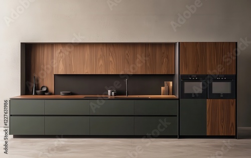 A modern kitchen with sleek cabinetry, combining dark green and wood finishes, featuring built-in appliances and a minimalist design.