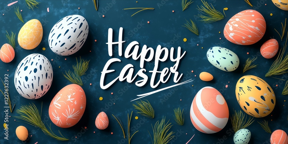 Colorful easter eggs with hand drawn floral patterns lie on a dark blue background with fir branches, creating a festive happy easter greeting card