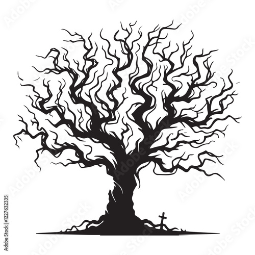 Haunted Silhouette of a Weeping Tree near a Grave