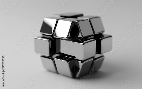 Wallpaper Mural A shiny, metallic object resembling a puzzle, composed of interconnected cube-like shapes, reflecting light in a modern, minimalistic design. Torontodigital.ca