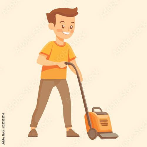 Young Man Cleaning With Vacuum Cleaner Cartoon Vector Icon Illustration